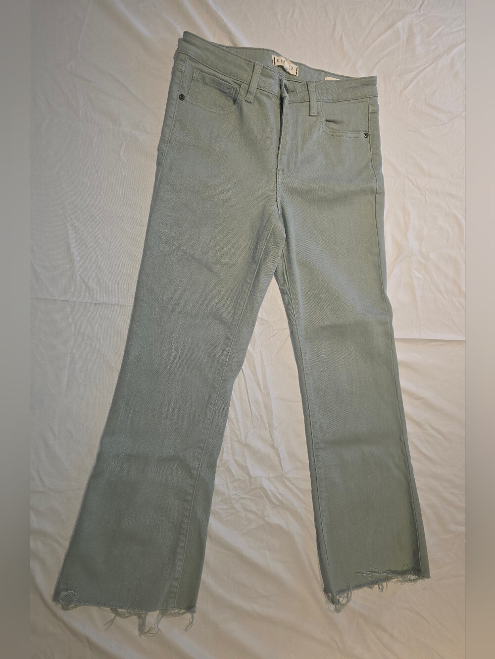 Harper Heritage Mid Rise Kick Crop Jeans Sz 27 Green Raw Hem Stretch Bootcut